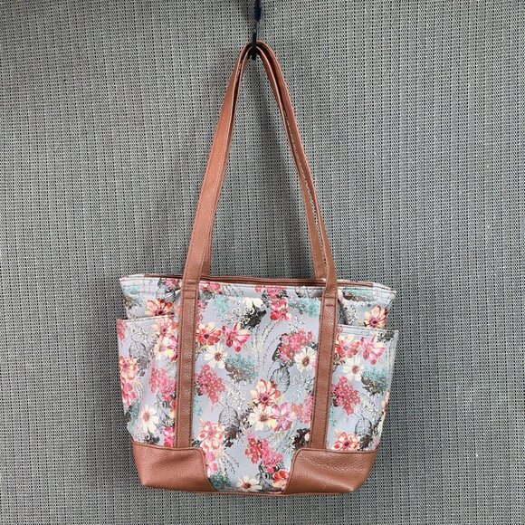 Rosetti Floral Tote Bag With Tan Faux Leather Accents & Multiple Pockets - Picture 4 of 11